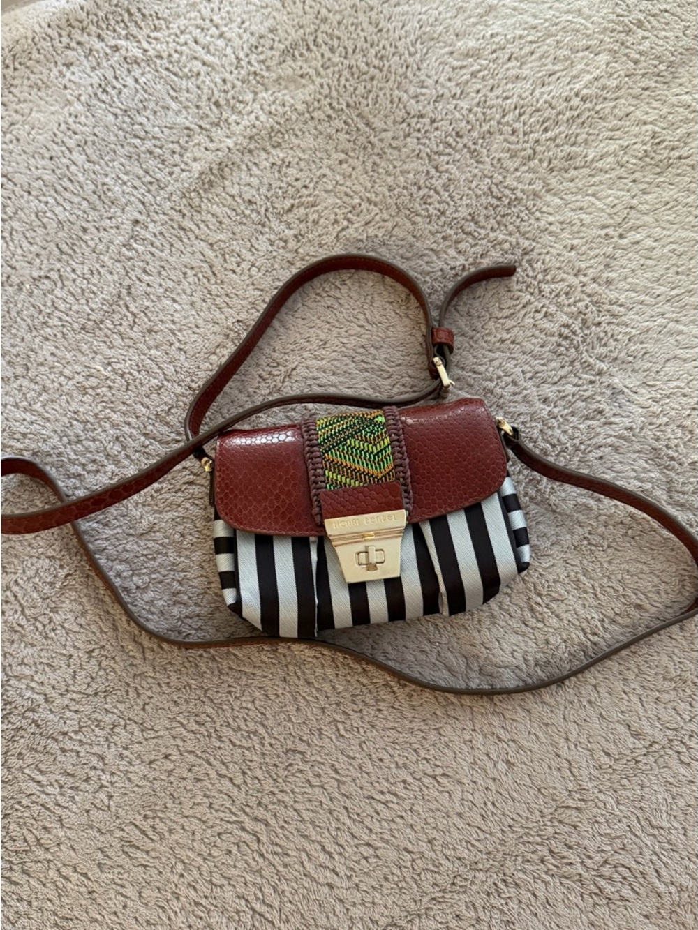 Vintage henri bendel Black & White Striped Crossbody with Brown Leather Flap